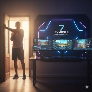 Fit gamer performing stretches in front of a gaming PC setup.