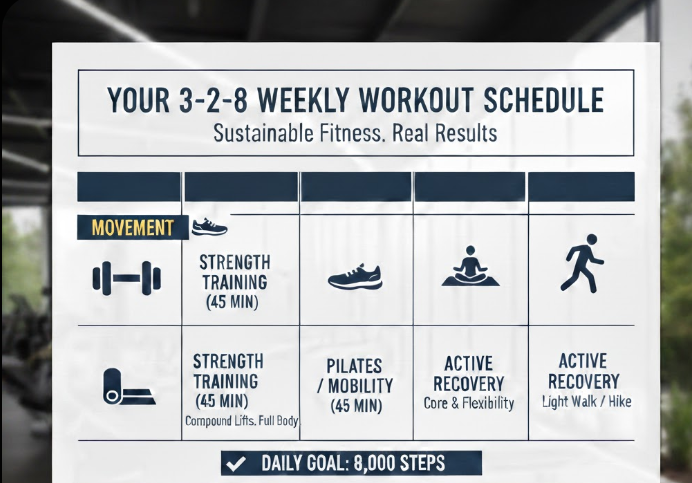 3-2-8 fitness calendar for beginners.